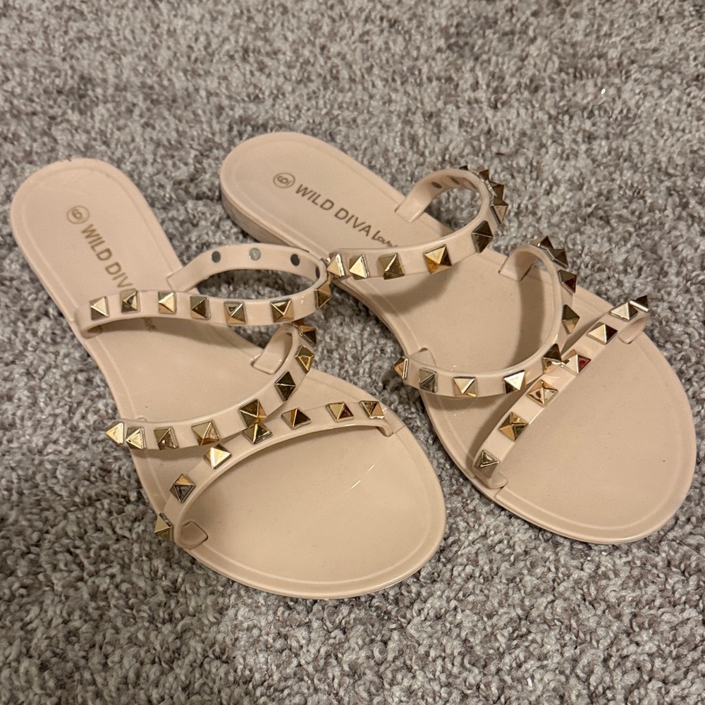 NWOT - Wild Diva Nude Studded Slide Sandals